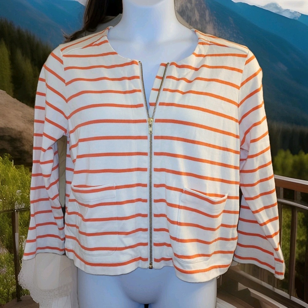 Lands' End White w/ Orange Stripes Zippered Light Jacket, Pockets Womens Size 16